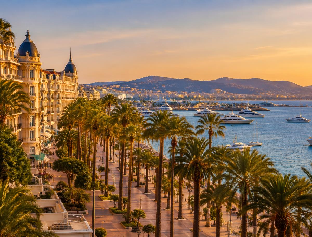 Palm-lined seafront promenade and yachts in the bay at Cannes, France