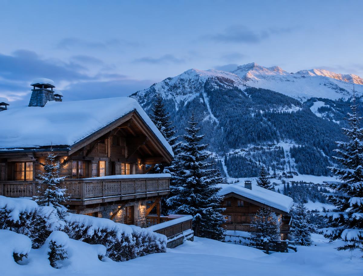 Snow-covered timber chalets below alpine peaks in Megève, France