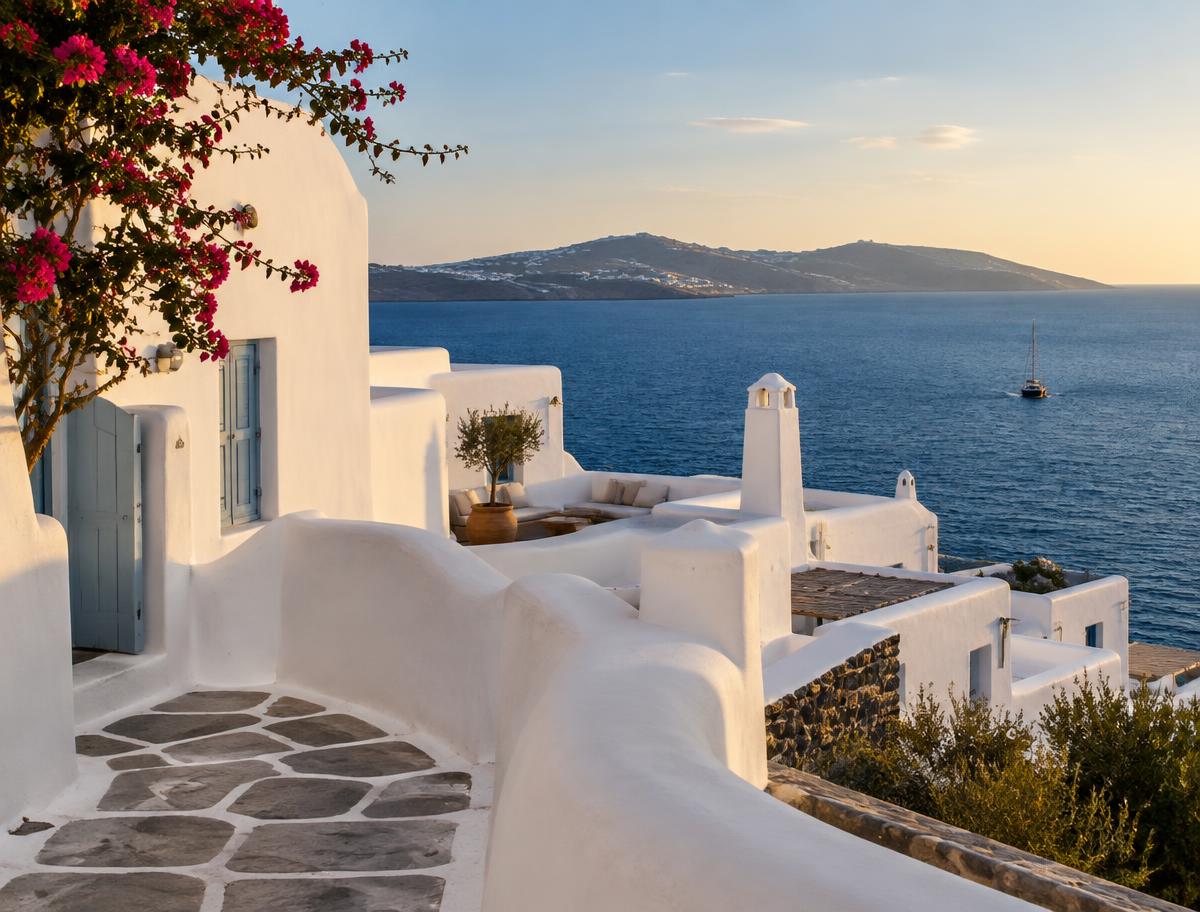 Whitewashed Cycladic houses above the Aegean in Mykonos, Greece