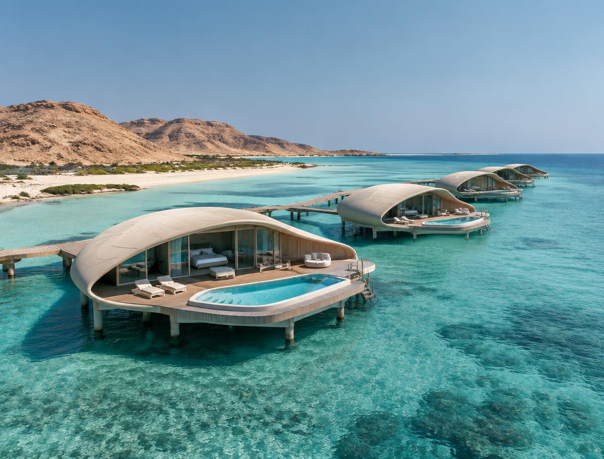 Contemporary over-water villas on a turquoise Red Sea lagoon in Saudi Arabia