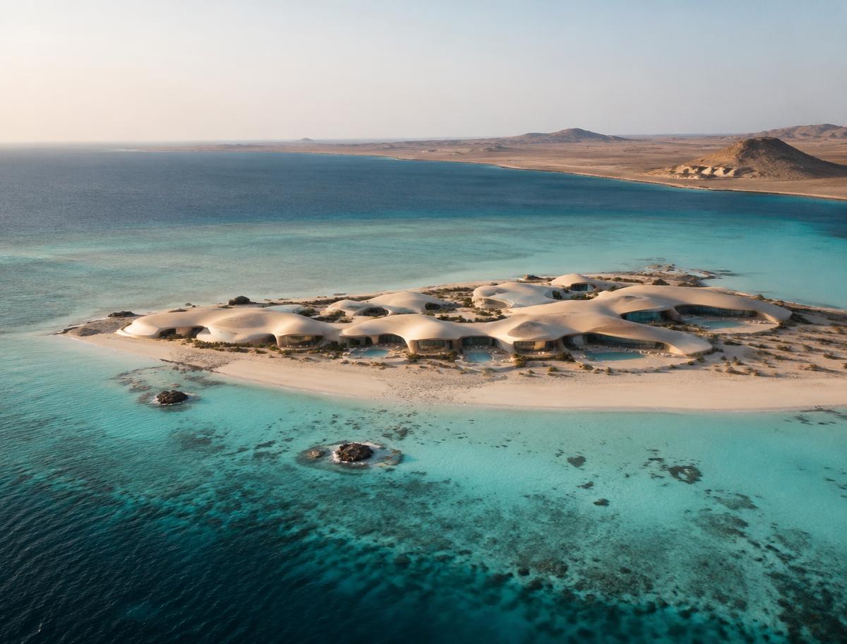 Aerial view of a dune-shaped island resort on a Red Sea reef lagoon in Saudi Arabia
